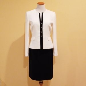 Tahari Two Piece White/Navy Blue Pencil Skirt Suit